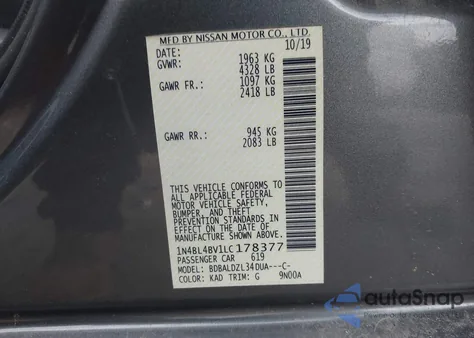 2020 Nissan Altima S Fwd z USA, uszkodzony, nr VIN 1N4BL4BV1LC178377